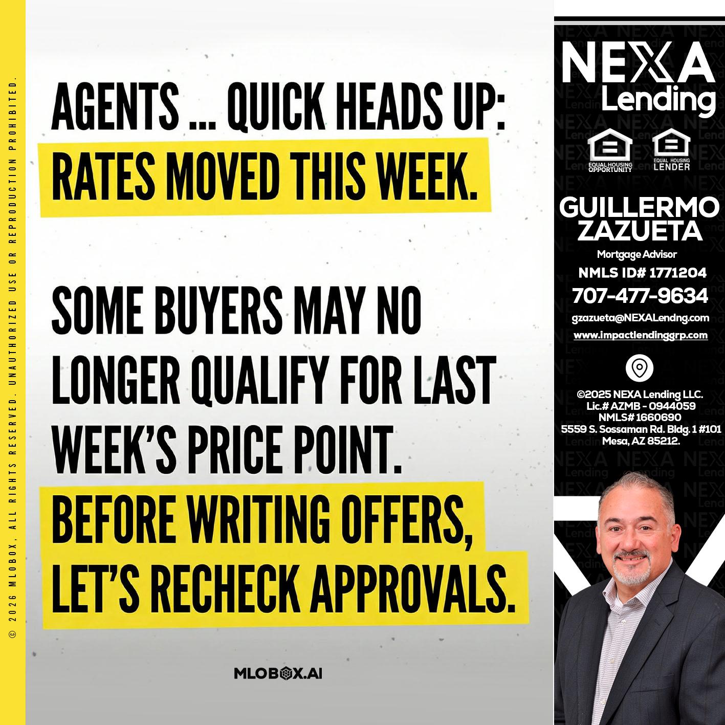 agents quick heads up - Guillermo Zazueta -Mortgage Advisor